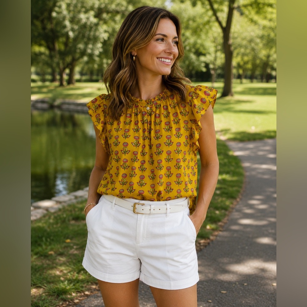 Loft size large women’s golden yellow blouse with floral print, worn once